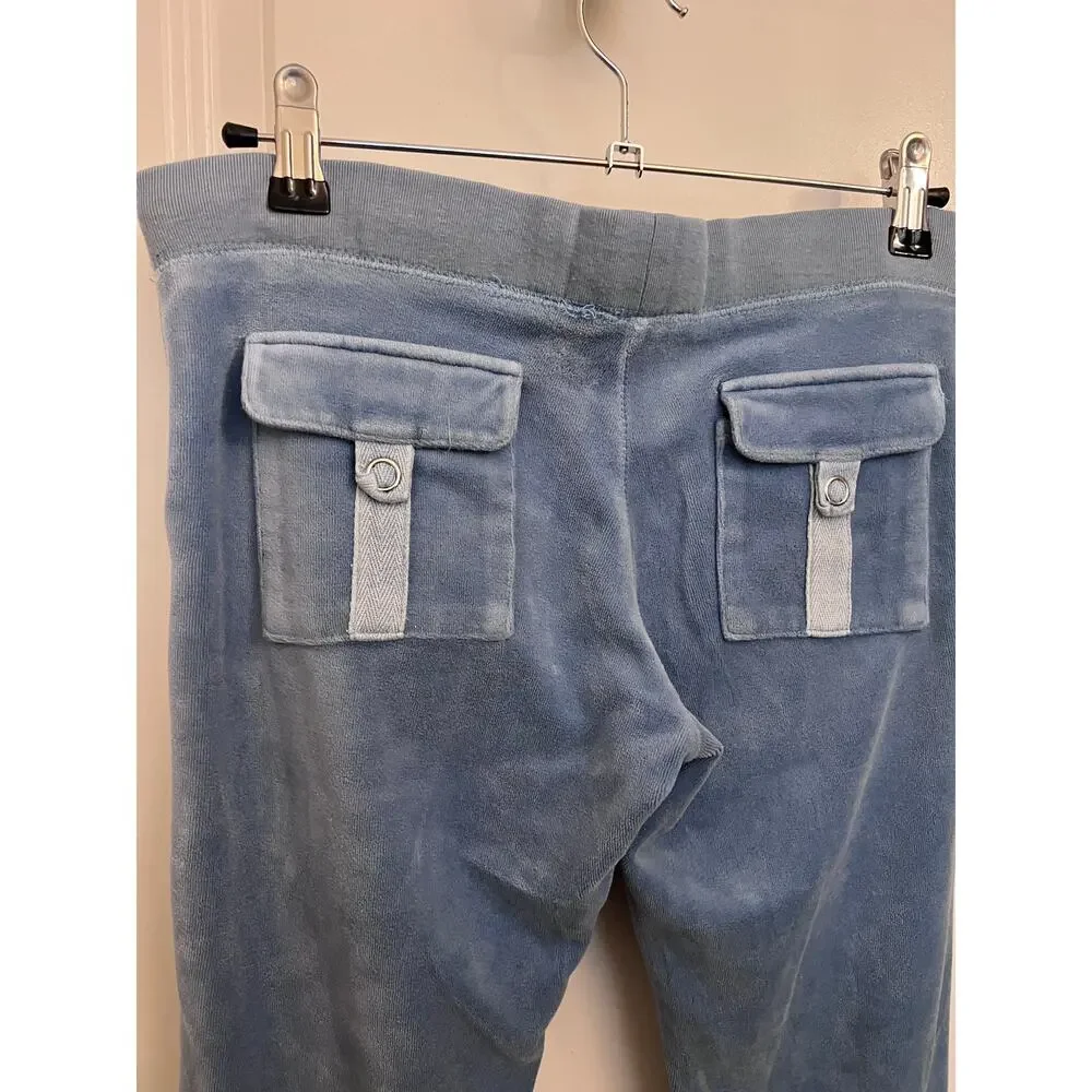 Vtg Y2K Juicy Couture Low Rise Blue Velour Flared Track Pants S Snap Pocket